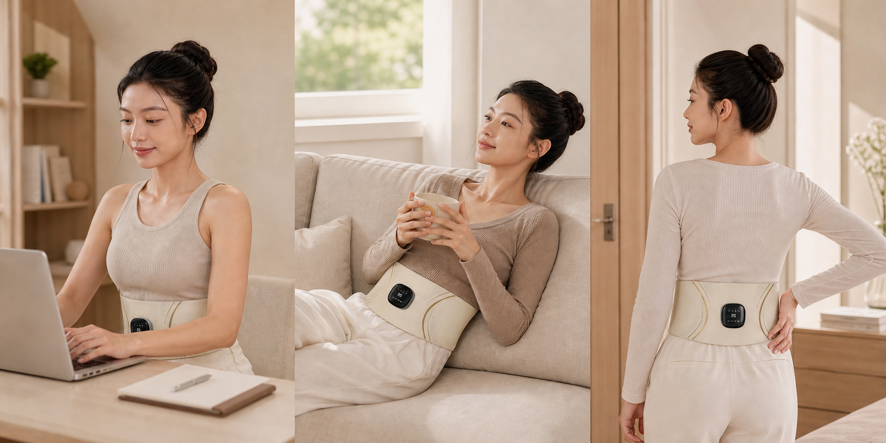 Lunaemi comfort belt used at a desk, on the sofa, and around the lower back