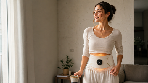 Woman wearing the Lunaemi comfort belt at home